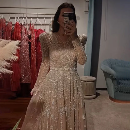 Luxury Nude A Line Beaded Evening Dress for Formal Occasion LA71803D - SERENE HILL