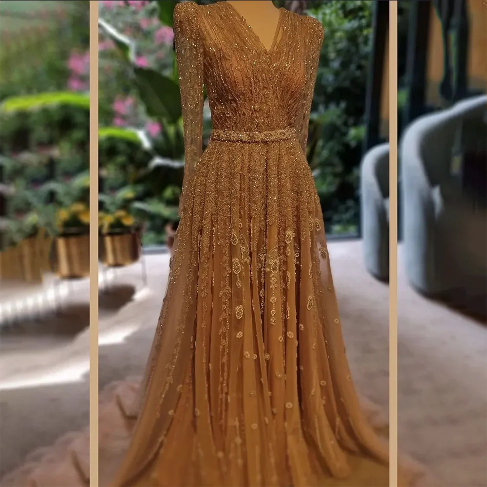 Luxury Nude A Line Beaded Evening Dress for Formal Occasion LA71803D - SERENE HILL