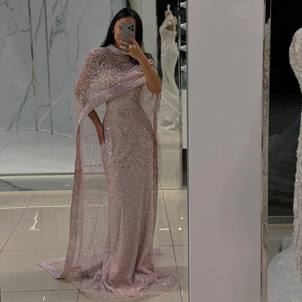 Luxury Dubai Nude Mermaid Long Cape Evening Dress LA72032P - SERENE HILL