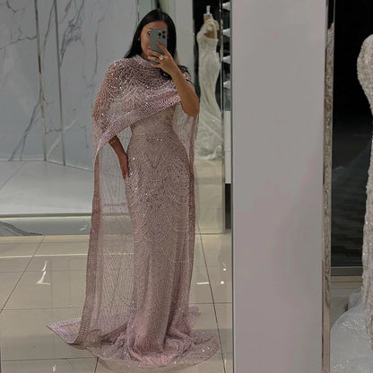 Luxury Dubai Nude Mermaid Long Cape Evening Dress LA72032P - SERENE HILL