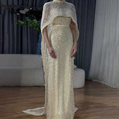 Luxury Dubai Nude Mermaid Long Cape Evening Dress LA72032P - SERENE HILL