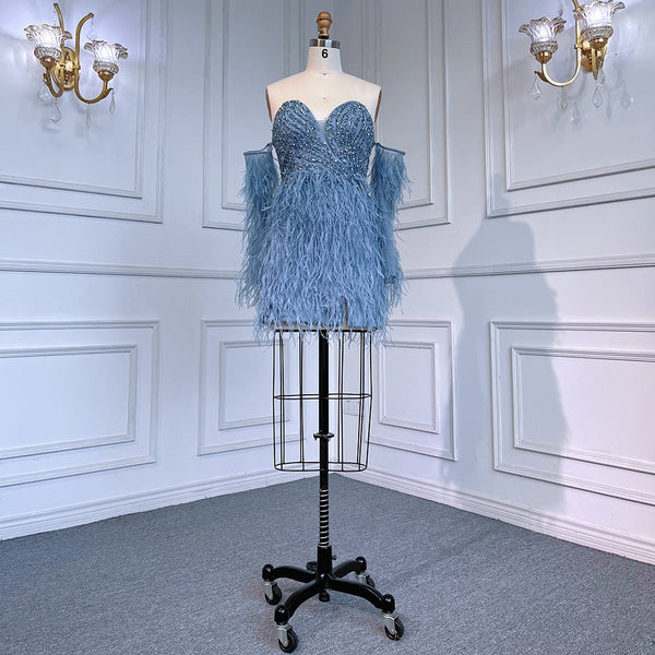 Serene Hill Sexy Blue Tube Top Long Sleeves Short Dresses Beaded Mermaid Feather Dress Cocktail Dresses For Women Party LA71770