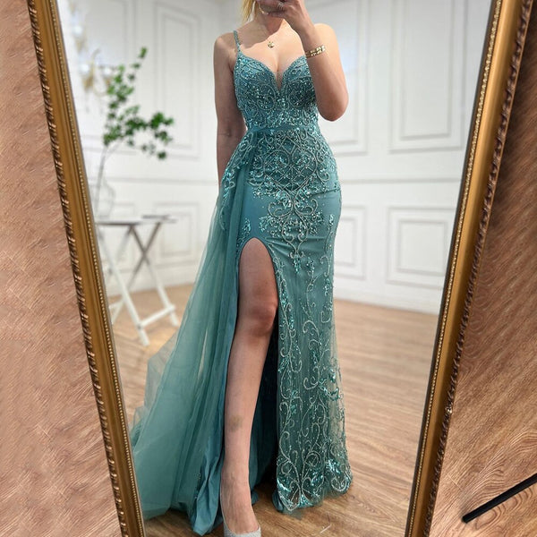 Serene Hill Sexy Green Spaghetti Straps High Split Arabic Evening Dresses Gowns Mermaid Beaded 2025 For Women Party LA71568