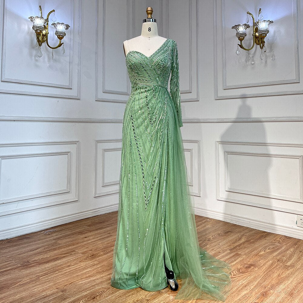 Serene Hill Sexy One Shoulder Split Mint Mermaid Beaded Arabic Evening Dresses Gowns For Woman Wedding Party 2025 LA71859 - SERENE HILL