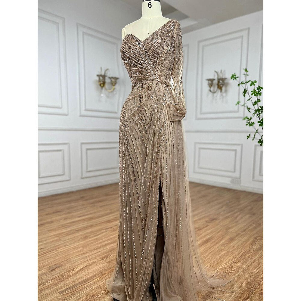 Serene Hill Sexy One Shoulder Split Mint Mermaid Beaded Arabic Evening Dresses Gowns For Woman Wedding Party 2025 LA71859 - SERENE HILL