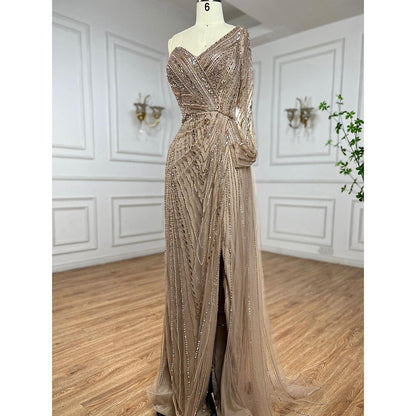 Serene Hill Sexy One Shoulder Split Mint Mermaid Beaded Arabic Evening Dresses Gowns For Woman Wedding Party 2025 LA71859 - SERENE HILL