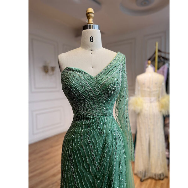 Serene Hill Sexy One Shoulder Split Mint Mermaid Beaded Arabic Evening Dresses Gowns For Woman Wedding Party 2025 LA71859