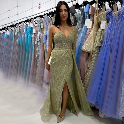 Serene Hill Sexy One Shoulder Split Mint Mermaid Beaded Arabic Evening Dresses Gowns For Woman Wedding Party 2025 LA71859 - SERENE HILL
