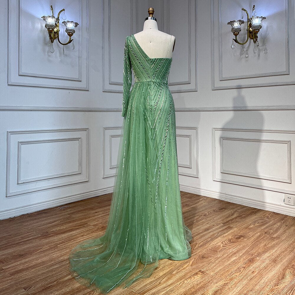 Serene Hill Sexy One Shoulder Split Mint Mermaid Beaded Arabic Evening Dresses Gowns For Woman Wedding Party 2025 LA71859 - SERENE HILL