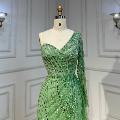 Serene Hill Sexy One Shoulder Split Mint Mermaid Beaded Arabic Evening Dresses Gowns For Woman Wedding Party 2025 LA71859 - SERENE HILL