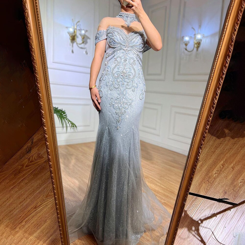 Serene Hill Silver Mermaid Luxury Evening Dresses Gowns Pearls Beaded Elegant For Woman Wedding Party LA71870 - SERENE HILL