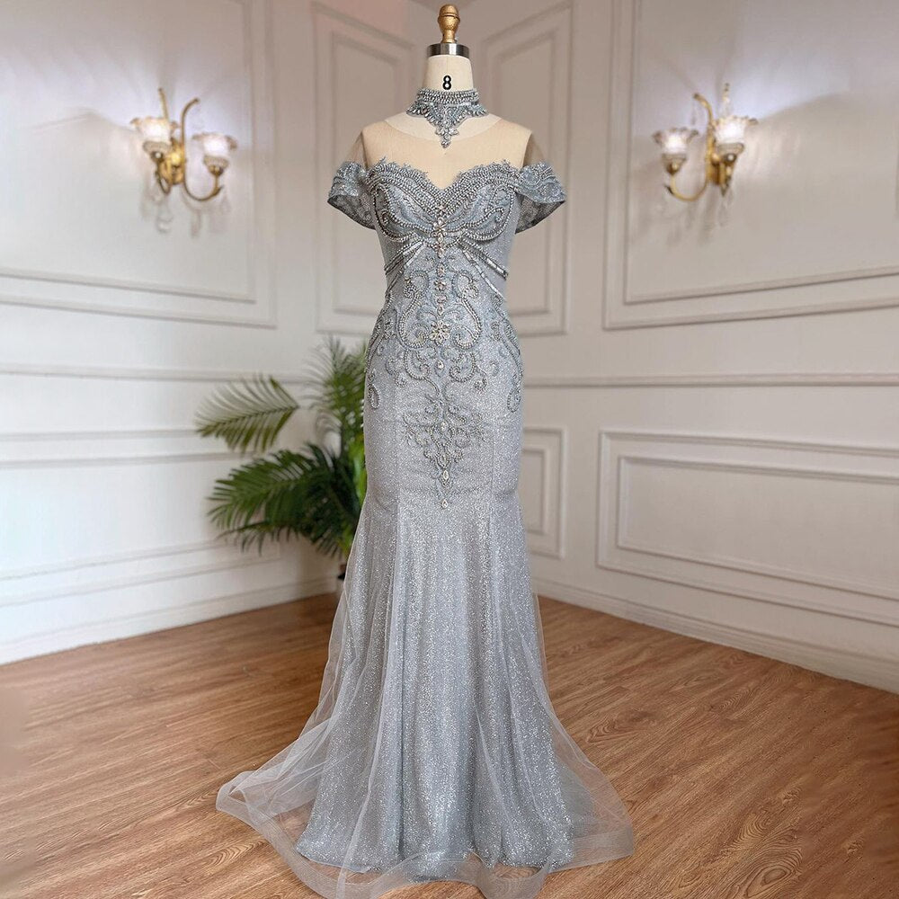 Serene Hill Silver Mermaid Luxury Evening Dresses Gowns Pearls Beaded Elegant For Woman Wedding Party LA71870 - SERENE HILL