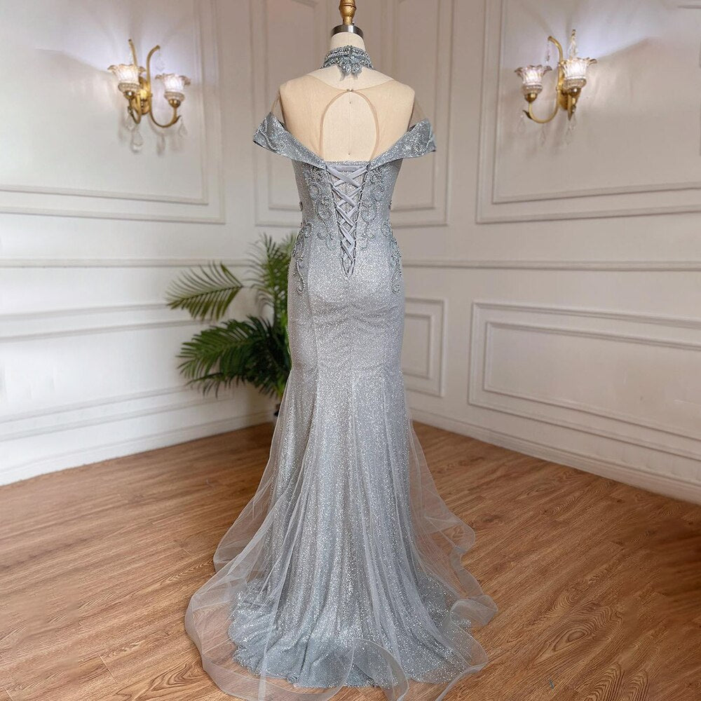 Serene Hill Silver Mermaid Luxury Evening Dresses Gowns Pearls Beaded Elegant For Woman Wedding Party LA71870 - SERENE HILL