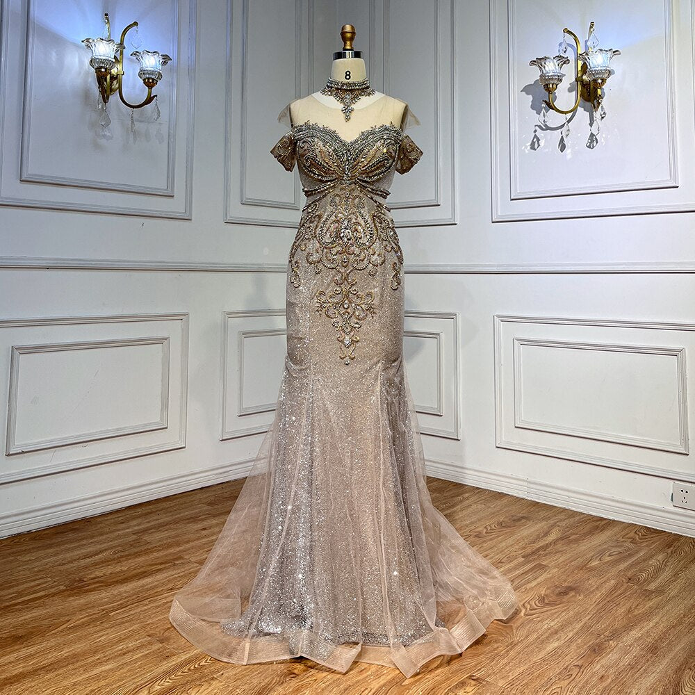 Serene Hill Silver Mermaid Luxury Evening Dresses Gowns Pearls Beaded Elegant For Woman Wedding Party LA71870 - SERENE HILL