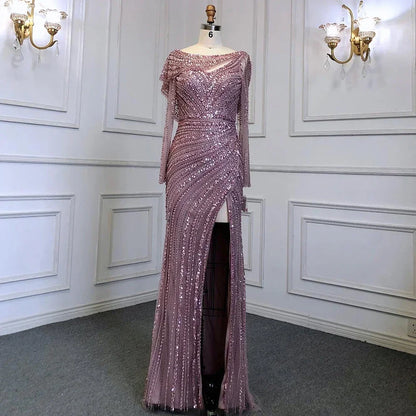 Serene Hill Silver Nude Mermaid Elegant High Spli Evening Dresses Gowns Luxury Beaded 2025 For Women Party LA70752L - SERENE HILL