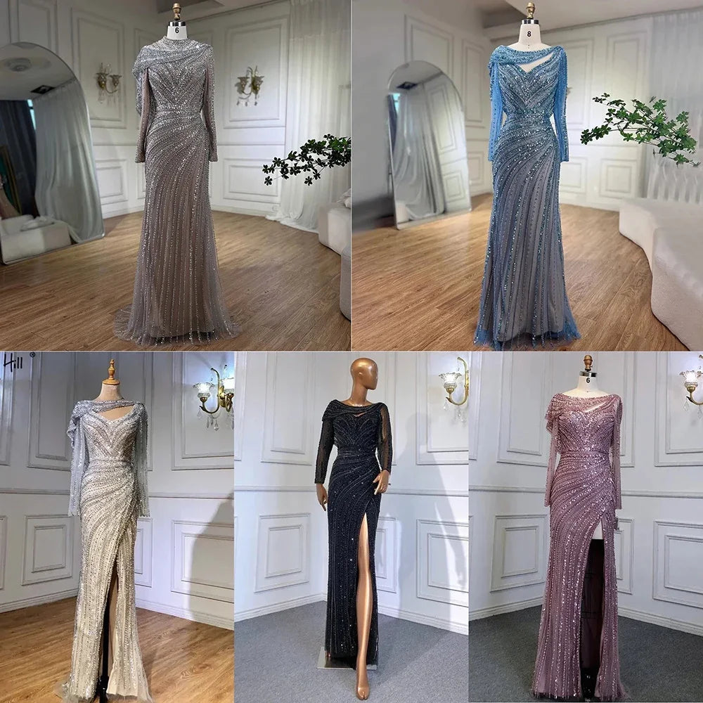 Serene Hill Silver Nude Mermaid Elegant High Spli Evening Dresses Gowns Luxury Beaded 2025 For Women Party LA70752L - SERENE HILL