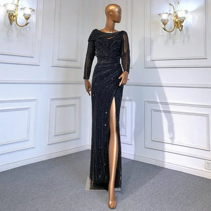 Serene Hill Silver Nude Mermaid Elegant High Spli Evening Dresses Gowns Luxury Beaded 2025 For Women Party LA70752L - SERENE HILL