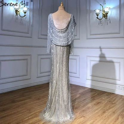 Serene Hill Silver Nude Mermaid Elegant High Spli Evening Dresses Gowns Luxury Beaded 2025 For Women Party LA70752L - SERENE HILL