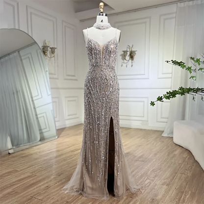 Classy Silver Nude Mermaid Spaghetti Straps Beaded Prom Dress LA72047B - SERENE HILL