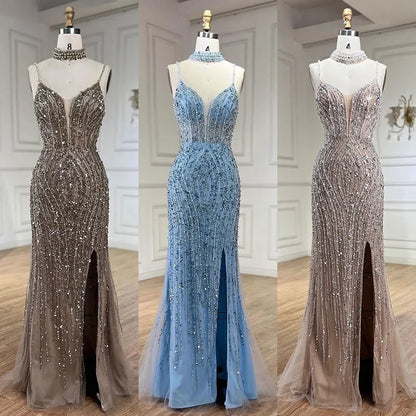 Classy Silver Nude Mermaid Spaghetti Straps Beaded Prom Dress LA72047B - SERENE HILL