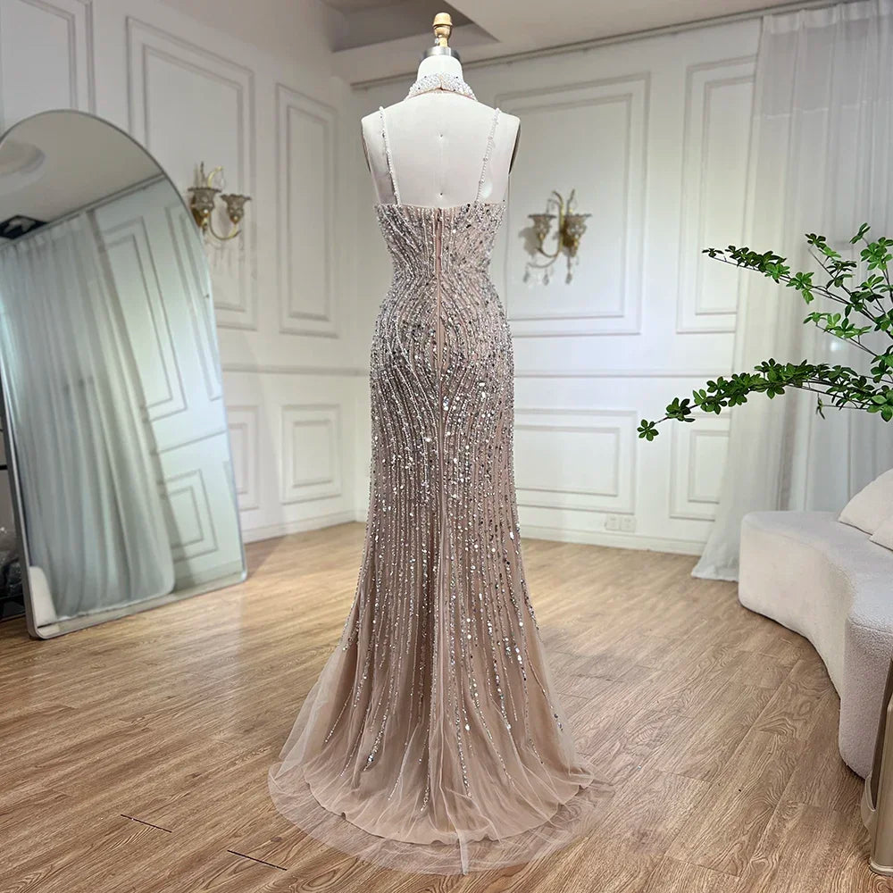 Classy Silver Nude Mermaid Spaghetti Straps Beaded Prom Dress LA72047B   SERENE HILL