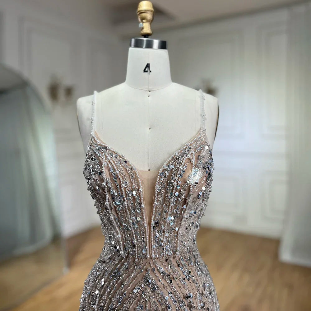 Classy Silver Nude Mermaid Spaghetti Straps Beaded Prom Dress LA72047B - SERENE HILL