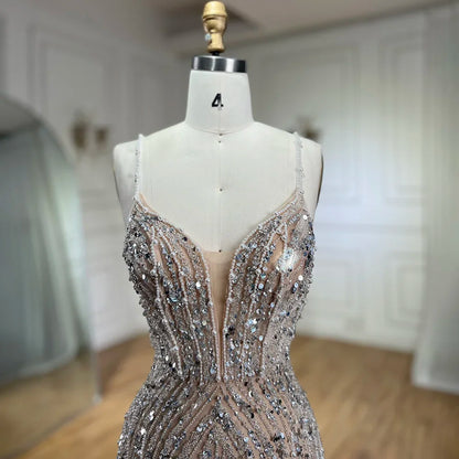 Classy Silver Nude Mermaid Spaghetti Straps Beaded Prom Dress LA72047B - SERENE HILL
