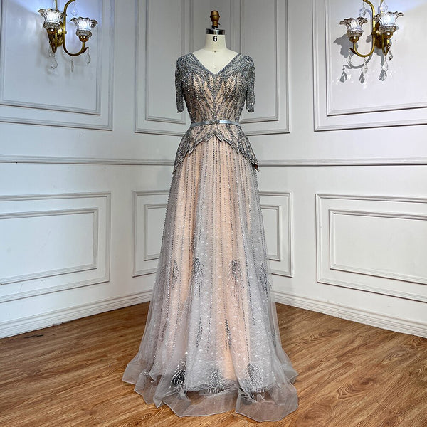 Serene Hill Silver Nude V-neck Short Sleeves A-line Evening Dresses 2025 Mother of the Bride Luxury Beaded Party Gowns LA72058