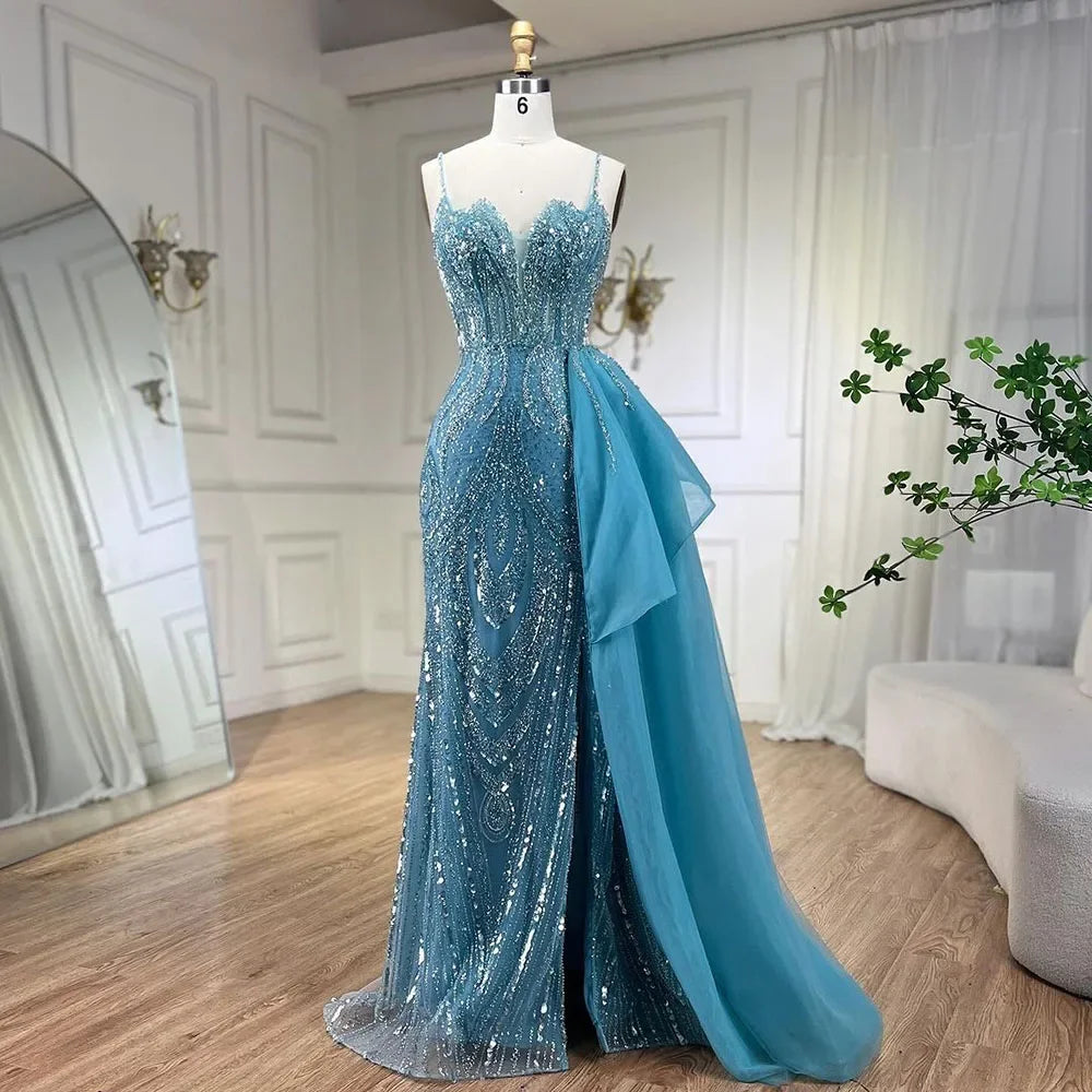 Spaghetti Straps Sage Green Mermaid Evening Dress with Overskirt LA72378   SERENE HILL