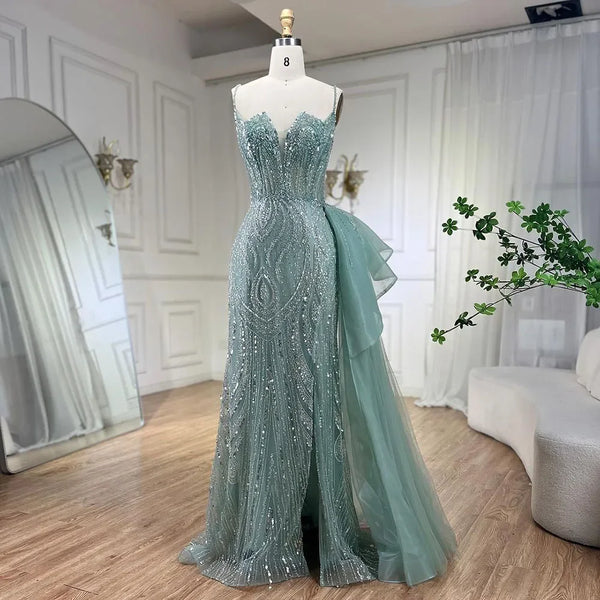 السباغيتي الأشرطة Sage Green Mermaid Bress مع Overkirt LA72378