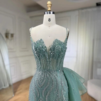 Spaghetti Straps Sage Green Mermaid Evening Dress with Overskirt LA72378 - SERENE HILL