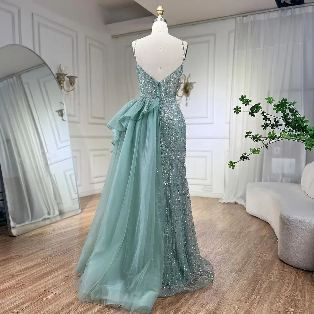 Spaghetti Straps Sage Green Mermaid Evening Dress with Overskirt LA72378 - SERENE HILL