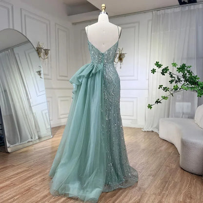 Spaghetti Straps Sage Green Mermaid Evening Dress with Overskirt LA72378 - SERENE HILL