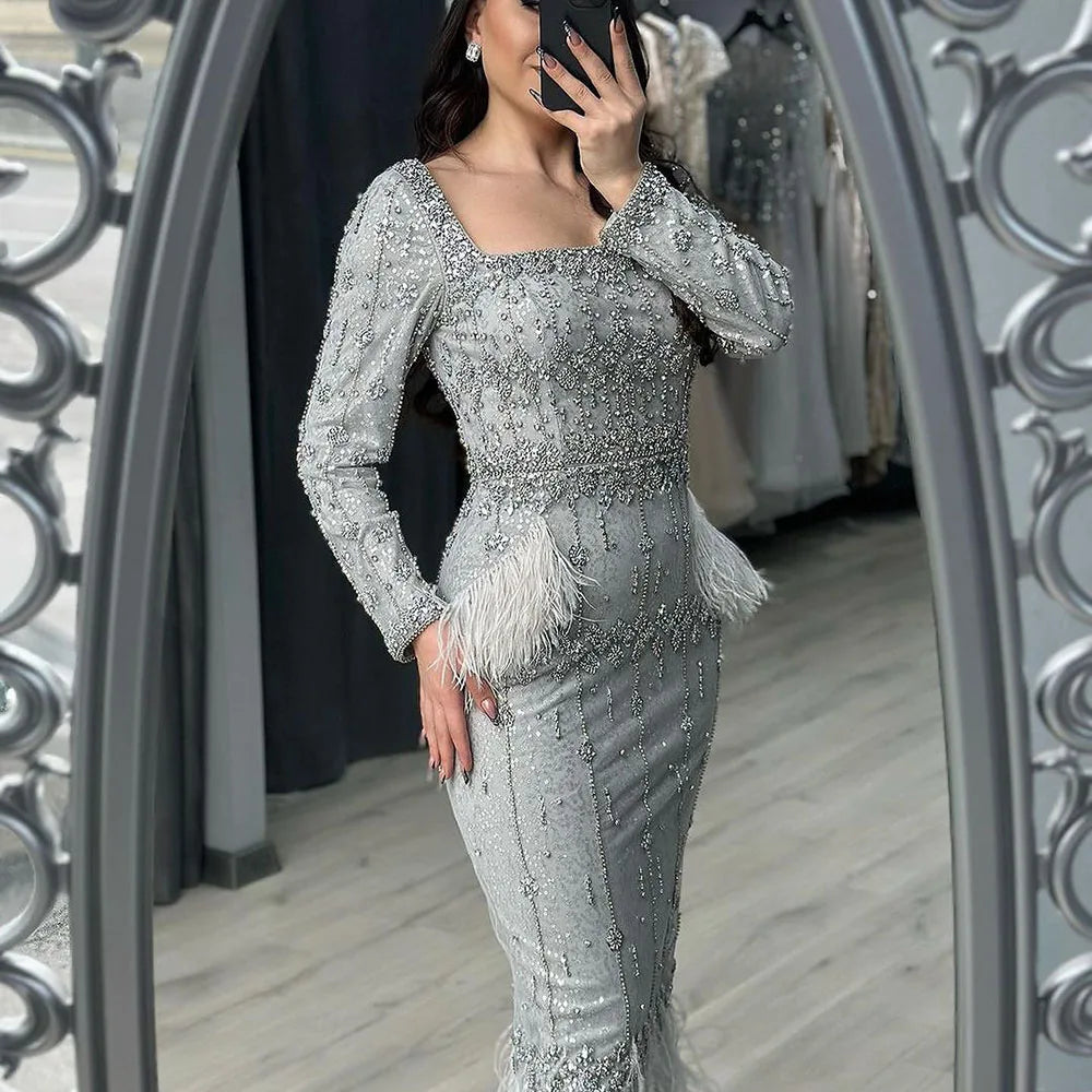 Silver Gray Mermaid Tea Length Evening Dress with Feathers LA71669L - SERENE HILL