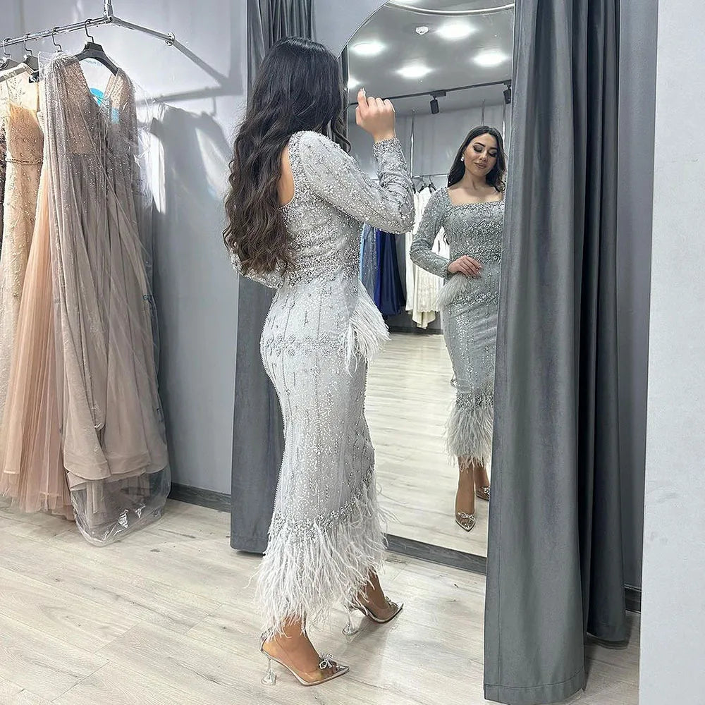 Silver Gray Mermaid Tea Length Evening Dress with Feathers LA71669L - SERENE HILL
