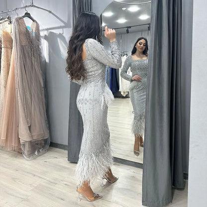 Silver Gray Mermaid Tea Length Evening Dress with Feathers LA71669L - SERENE HILL