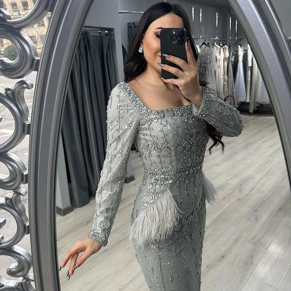 Silver Gray Mermaid Tea Length Evening Dress with Feathers LA71669L - SERENE HILL