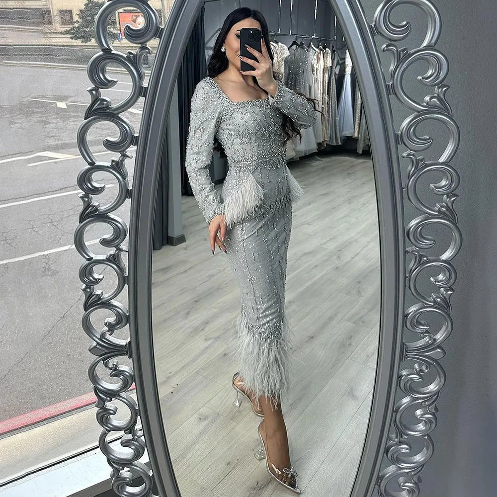 Silver Gray Mermaid Tea Length Evening Dress with Feathers LA71669L - SERENE HILL