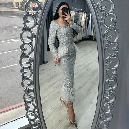 Silver Gray Mermaid Tea Length Evening Dress with Feathers LA71669L - SERENE HILL