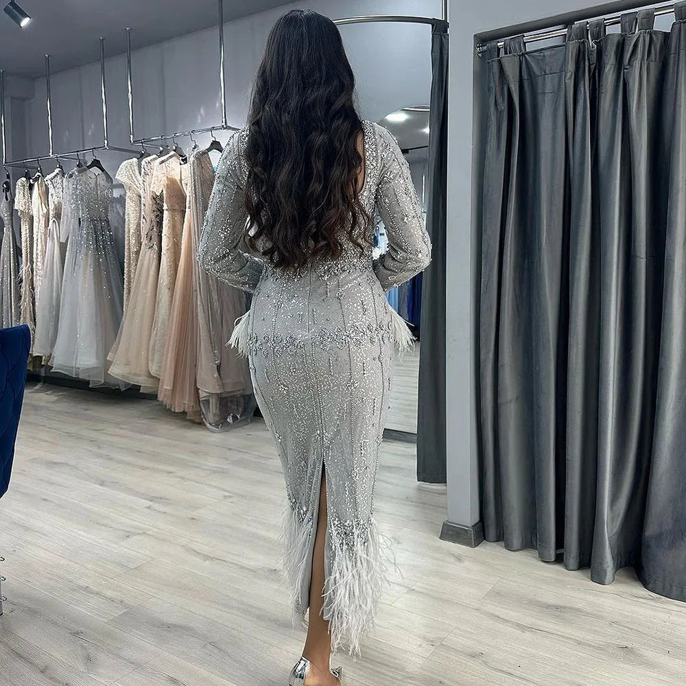 Silver Gray Mermaid Tea Length Evening Dress with Feathers LA71669L - SERENE HILL