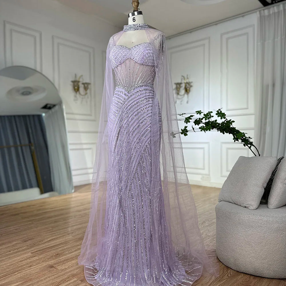 Luxury Dubai Spaghetti Strap Long Nude Mermaid Beaded Cape With Sleeves Evening Dresses Gowns LA72860 - SERENE HILL