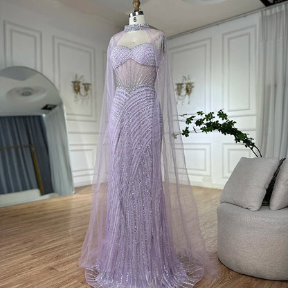 Luxury Dubai Spaghetti Strap Long Nude Mermaid Beaded Cape With Sleeves Evening Dresses Gowns LA72860 - SERENE HILL