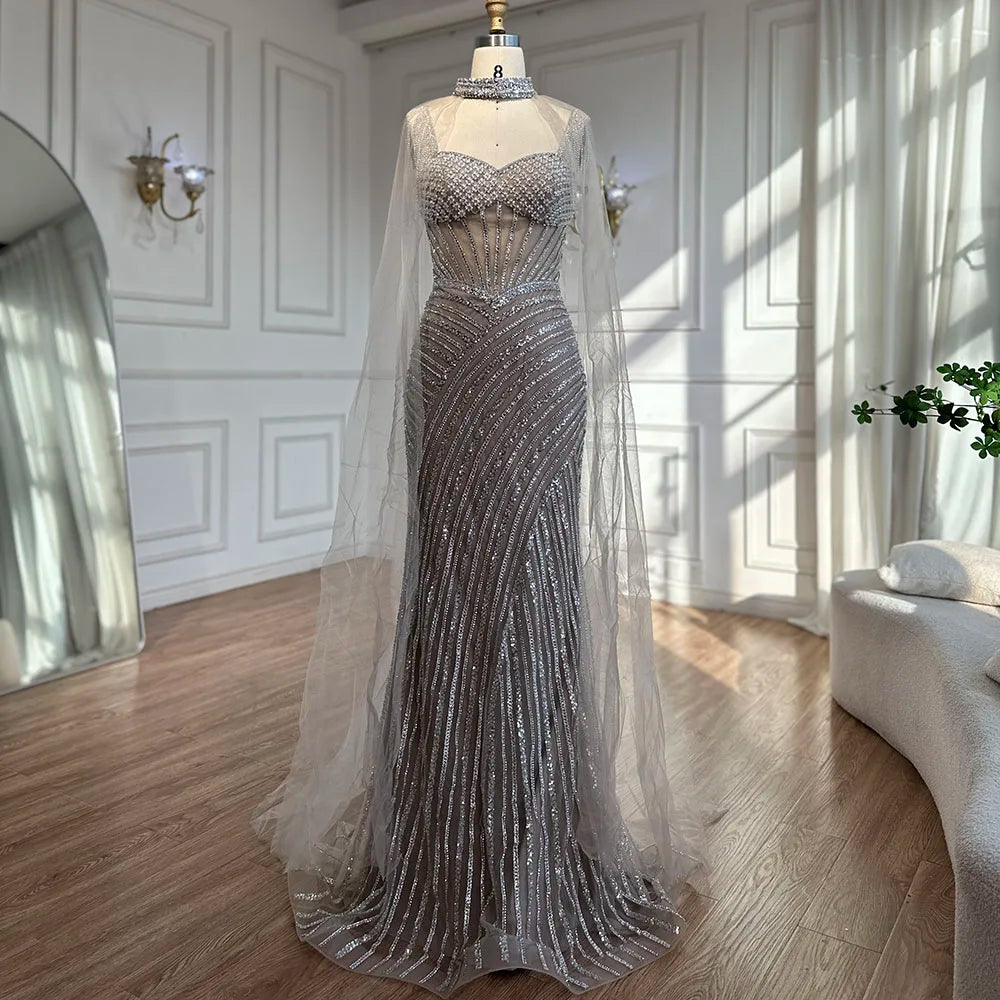 Luxury Dubai Spaghetti Strap Long Nude Mermaid Beaded Cape With Sleeves Evening Dresses Gowns LA72860 - SERENE HILL