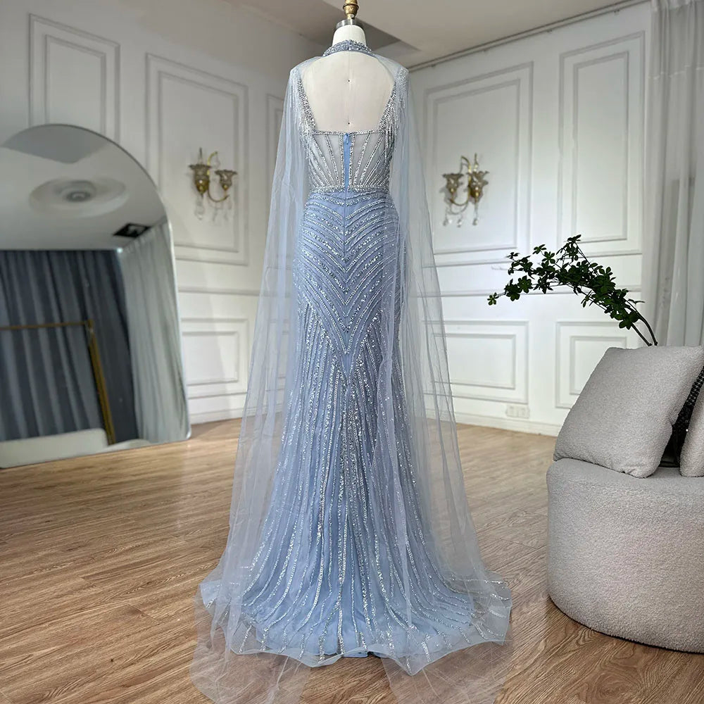 Luxury Dubai Spaghetti Strap Long Nude Mermaid Beaded Cape With Sleeves Evening Dresses Gowns LA72860 - SERENE HILL