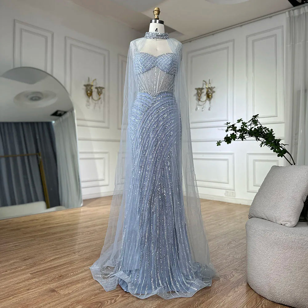 Luxury Dubai Spaghetti Strap Long Nude Mermaid Beaded Cape With Sleeves Evening Dresses Gowns LA72860 - SERENE HILL