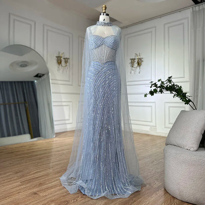 Luxury Dubai Spaghetti Strap Long Nude Mermaid Beaded Cape With Sleeves Evening Dresses Gowns LA72860 - SERENE HILL