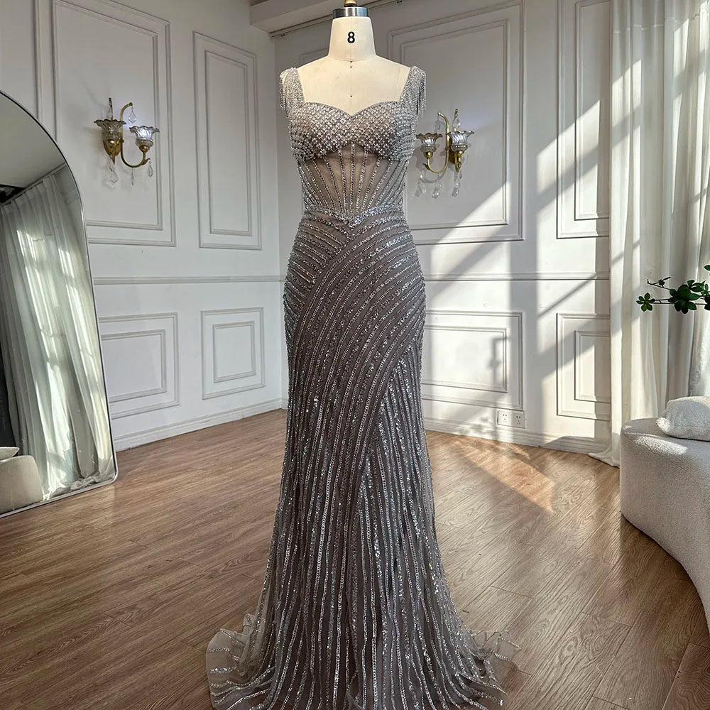 Luxury Dubai Spaghetti Strap Long Nude Mermaid Beaded Cape With Sleeves Evening Dresses Gowns LA72860 - SERENE HILL