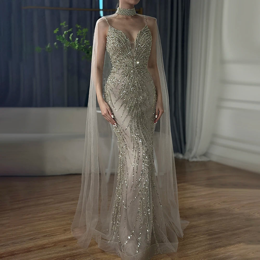 Luxury Dubai Spaghetti Strap Long Cloak Mermaid Caramel Beaded Luxury Evening Dresses Gowns for Women&