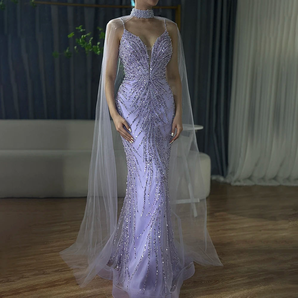 Luxury Dubai Spaghetti Strap Long Cloak Mermaid Caramel Beaded Luxury Evening Dresses Gowns for Women&