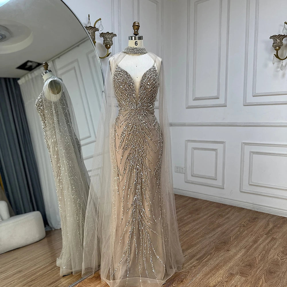 Luxury Dubai Spaghetti Strap Long Cloak Mermaid Caramel Beaded Luxury Evening Dresses Gowns for Women's Party LA72768 Caramel / 10